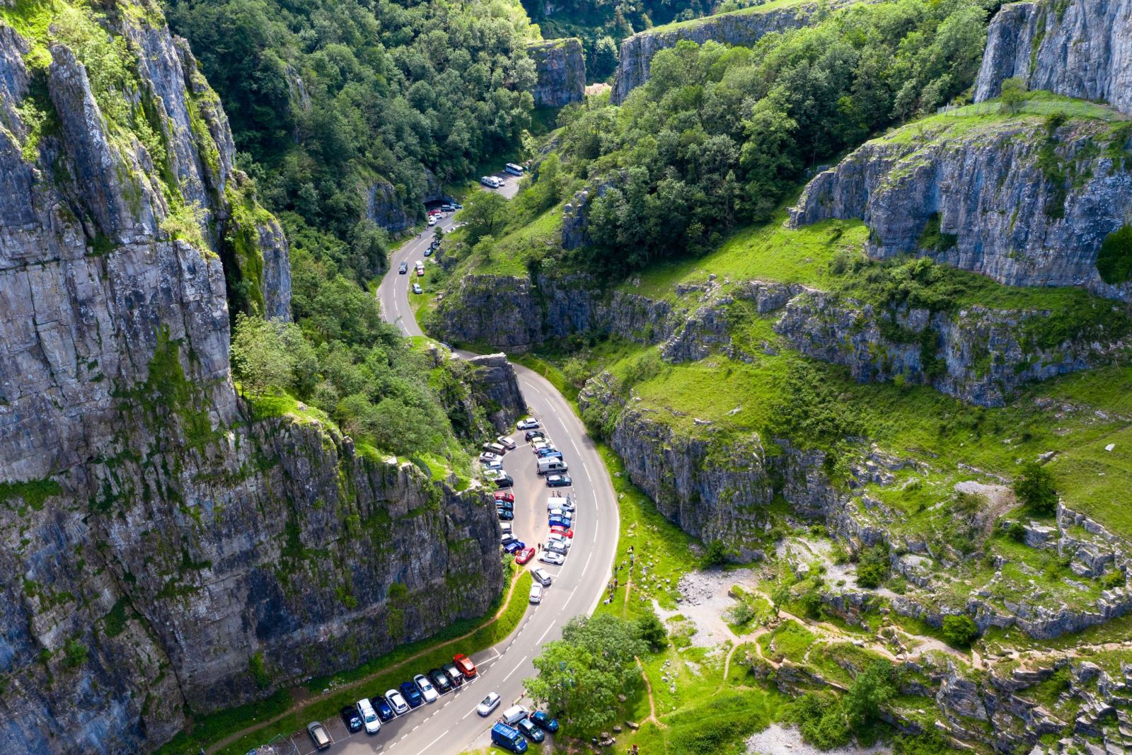 Aerial view looking down on the road which cuts through Cheddar Gorge